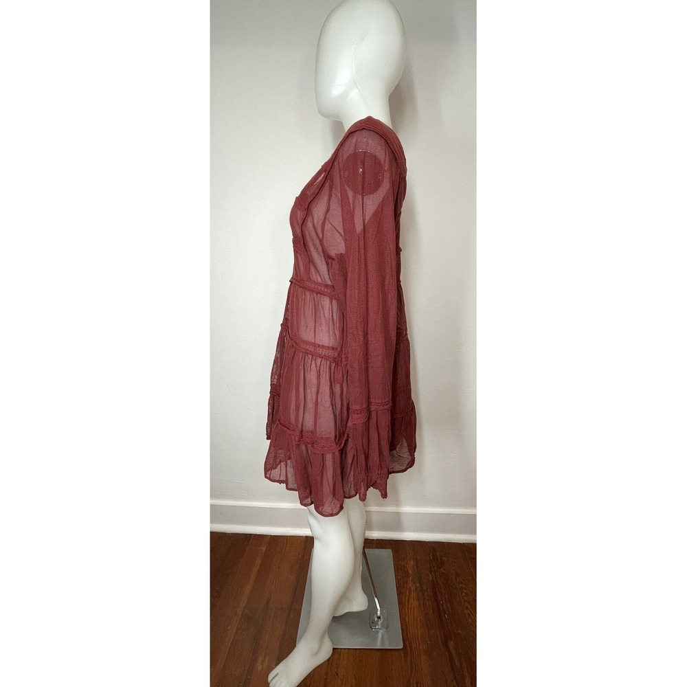 Free People Mesh Tiered Dress SZ S Berlin Maroon Long Sleeves (No Slip - Picture 4 of 8